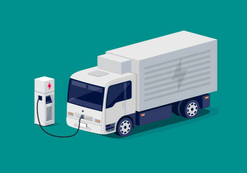 Isometric white electric city box straight truck charging parking at the charger station with a plug in cable. Vector illustration of light refrigeration utility vehicle. Electrified transport future.